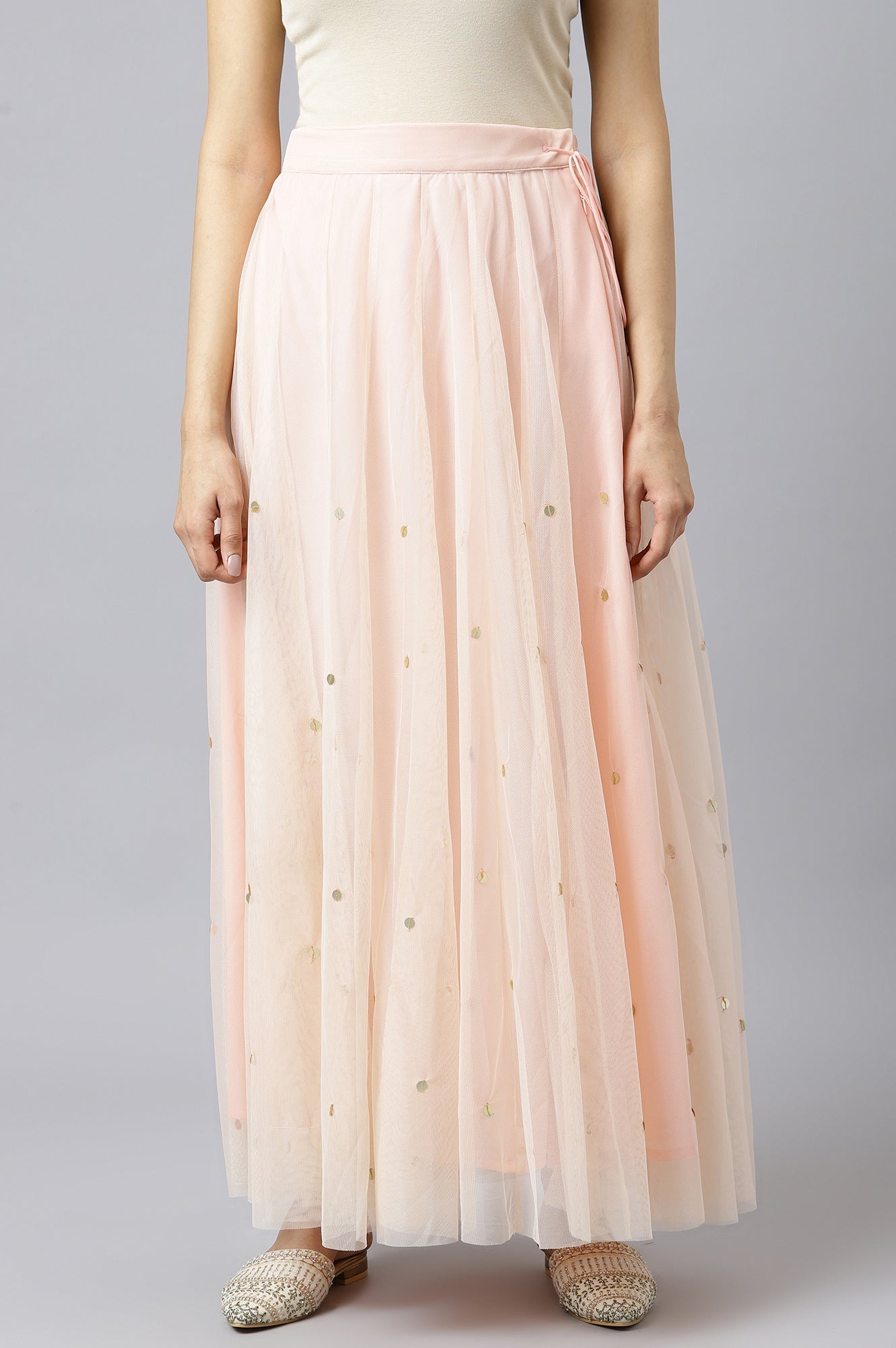W for Woman Blush Pink Mesh Flared Skirt | Grocsy