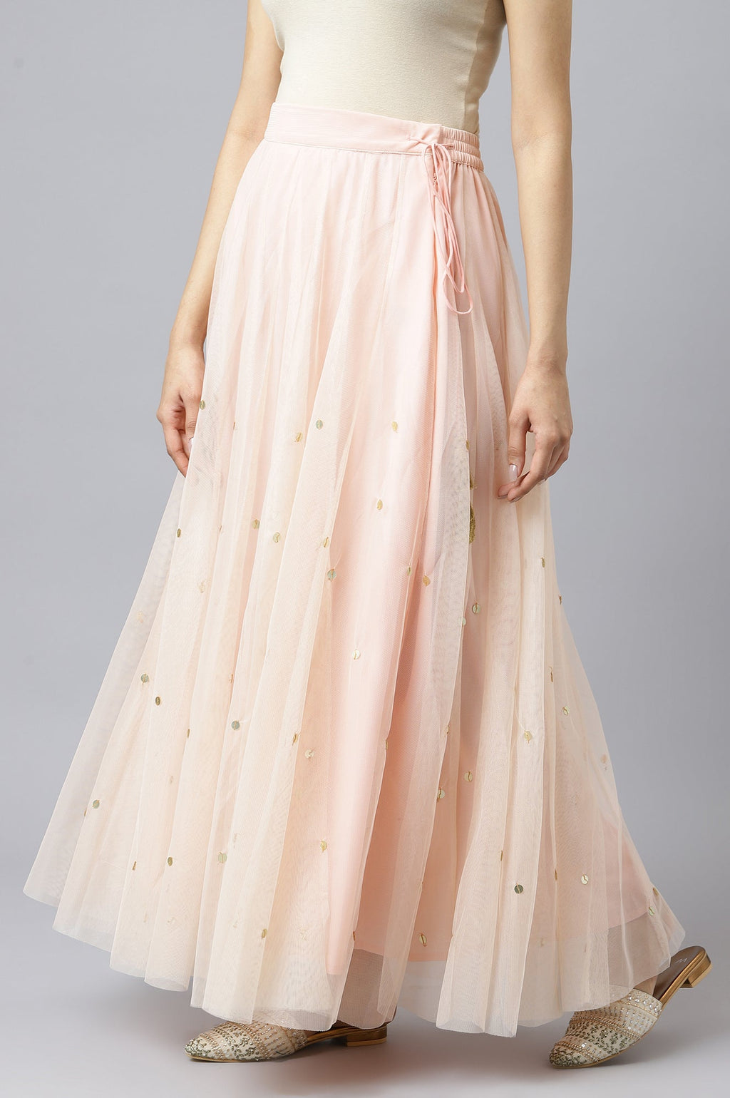 W for Woman Blush Pink Mesh Flared Skirt | Grocsy