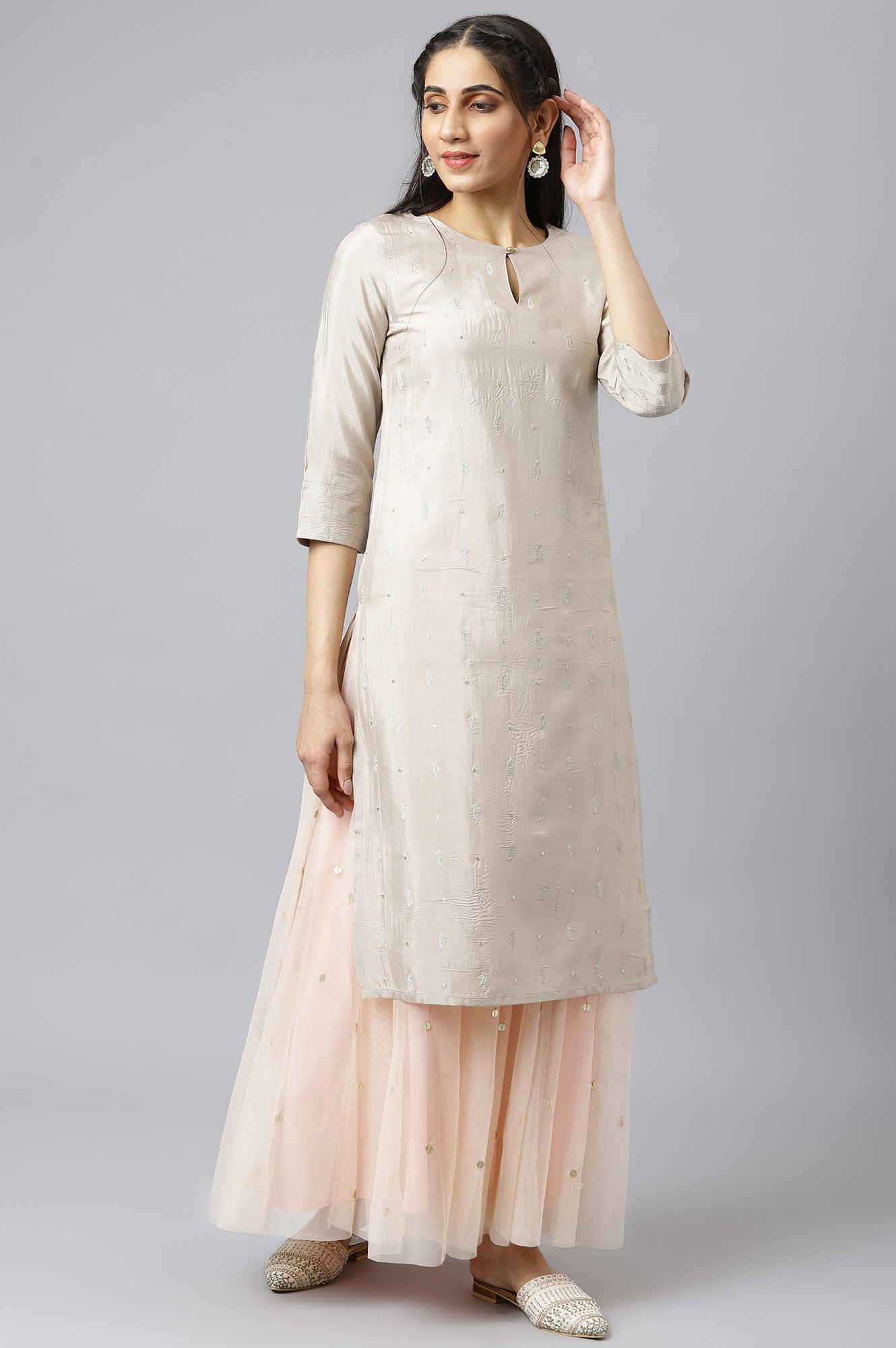 W for Woman Blush Pink Mesh Flared Skirt | Grocsy