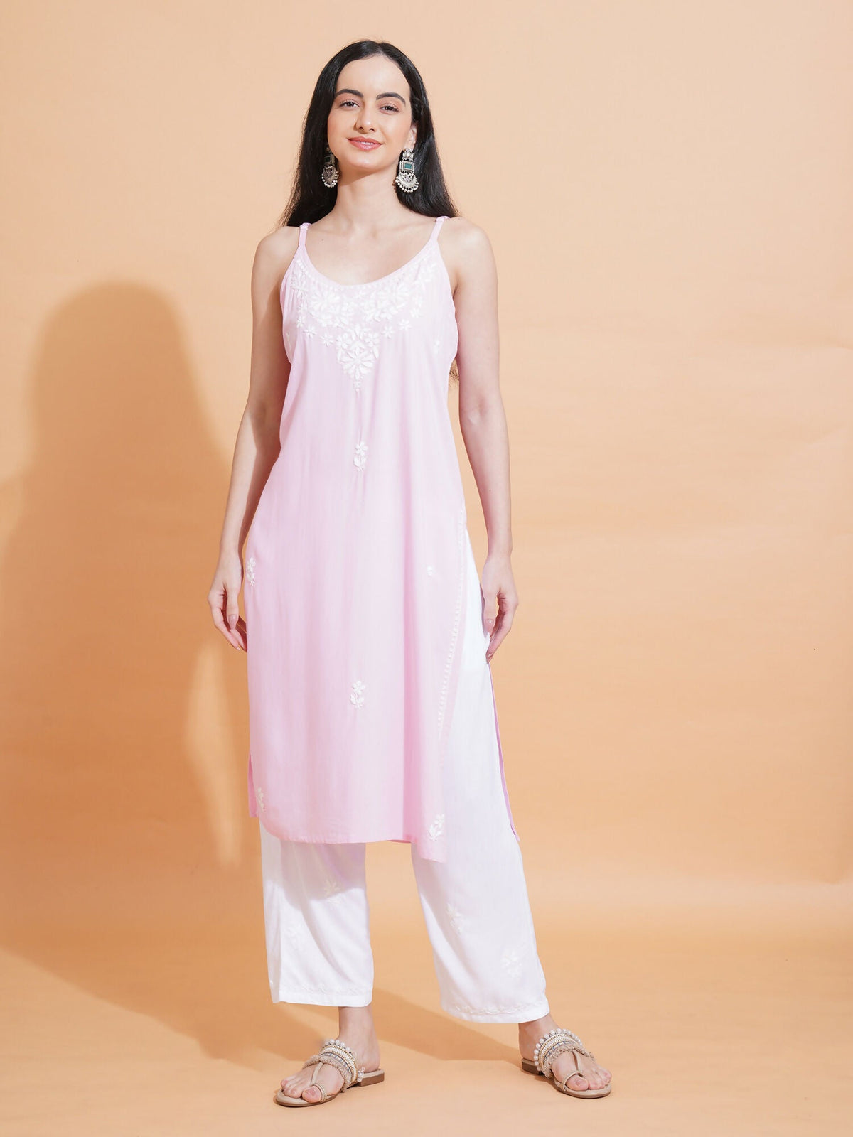 Pahnaz Luxury Rayon Chikankari Sleeveless Long Kurti-Pink | Grocsy