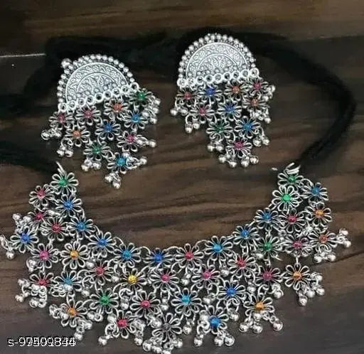 Tehzeeb Creations Women's Silver Color Oxidised Necklace Set With Multi Kundan - Swadesiicart
