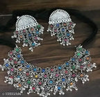 Tehzeeb Creations Women's Silver Color Oxidised Necklace Set With Multi Kundan - Swadesiicart