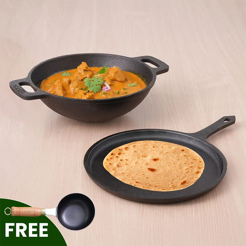 The Indus Valley CASTrong Cast Iron Cookware Set: Tawa+ Kadai (Wok model), Kitchen Set for Home, Pre-seasoned, 100% Pure, Toxin-free, Tadka Pan | Grocsy