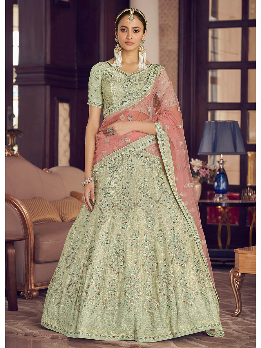 Myra Pista Green Crepe Embroidered Lehenga | Grocsy