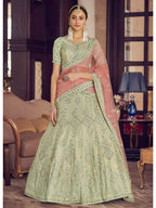 Myra Pista Green Crepe Embroidered Lehenga | Grocsy
