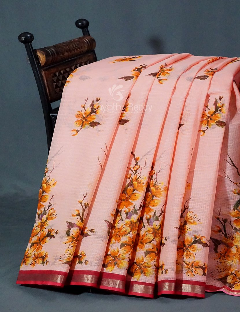 Peach Colour Block Print Pure Kota Cotton Saree By Gayathri Reddy Designer Studio | Grocsy