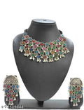 Tehzeeb Creations Women's Silver Color Oxidised Necklace Set With Multi Kundan - Swadesiicart