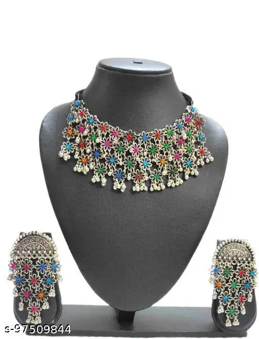 Tehzeeb Creations Women's Silver Color Oxidised Necklace Set With Multi Kundan - Swadesiicart