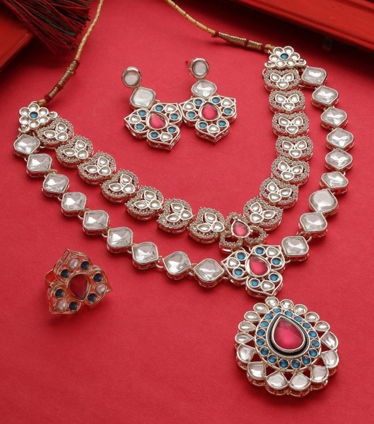 Jewel City Designer Kundan Necklace Set with Earrings & Ring | Gold-Plated Dual Layer Bridal Jewelry | Grocsy