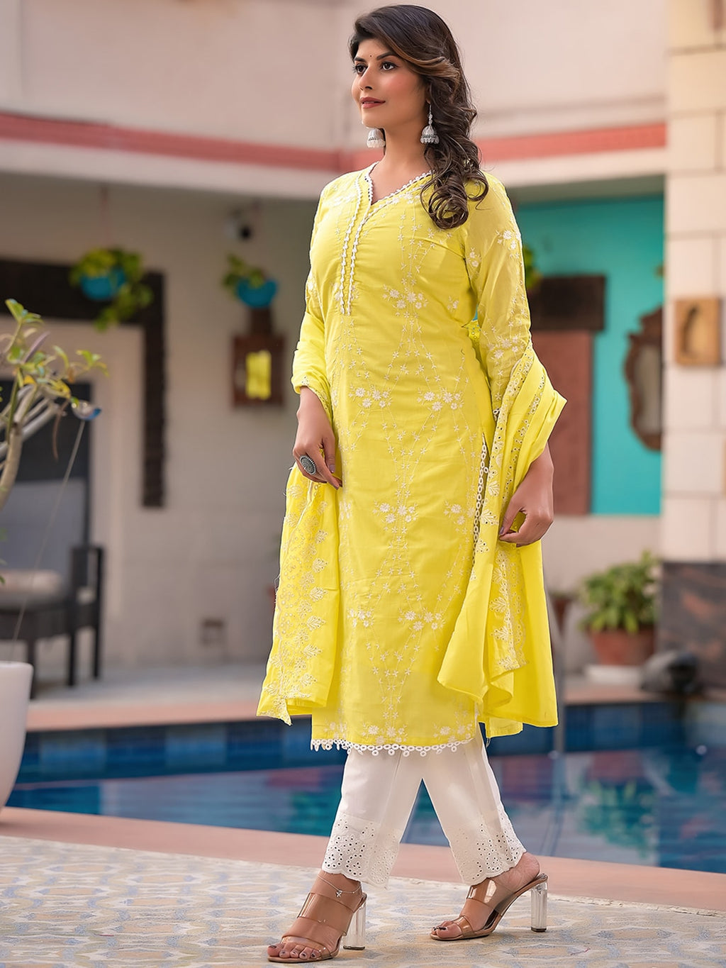 Sangria Yellow Embroidered Pure Cotton Straight Kurta With Trouser & Dupatta | Grocsy