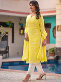 Sangria Yellow Embroidered Pure Cotton Straight Kurta With Trouser & Dupatta | Grocsy