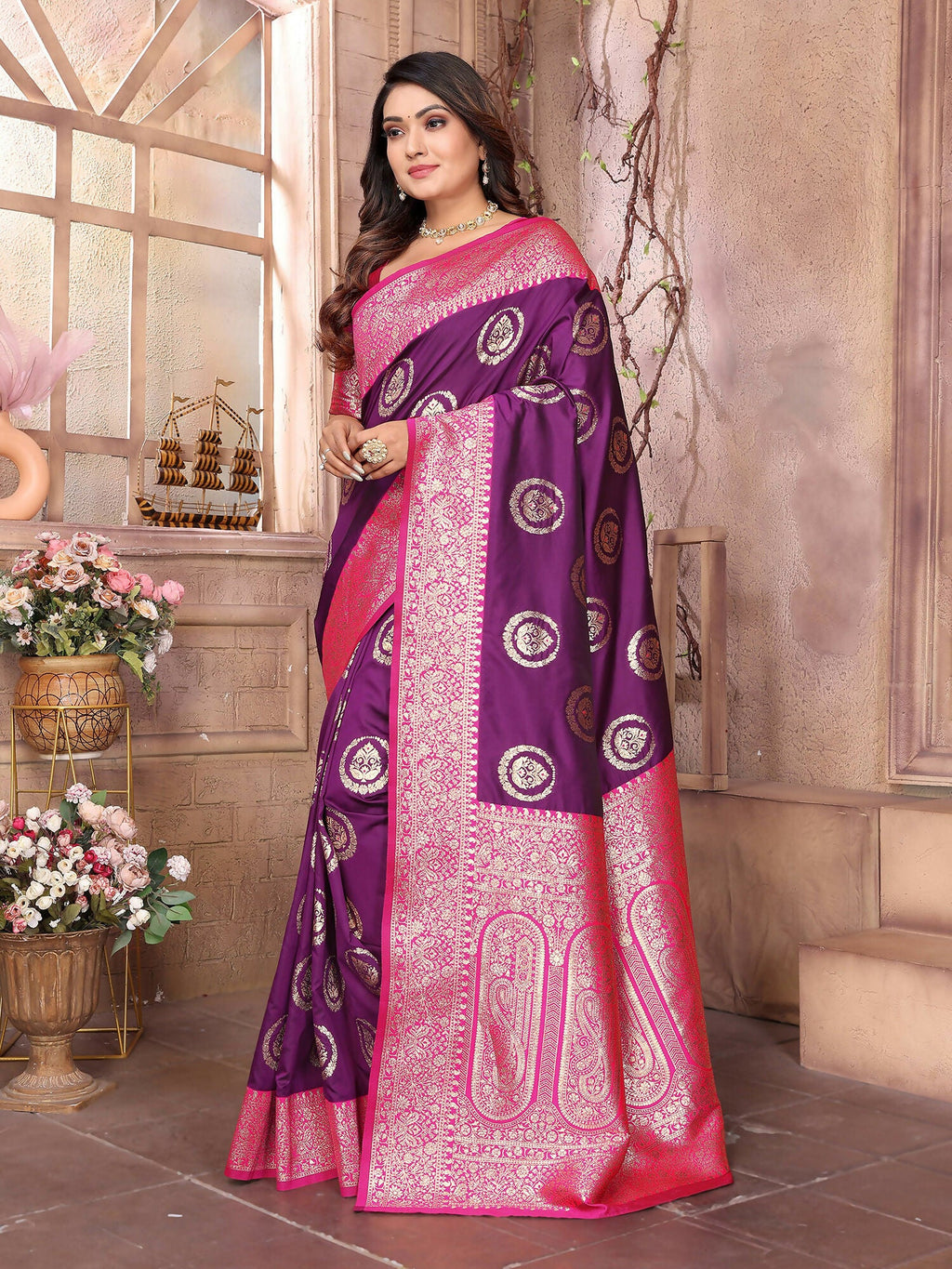 Joban Fashion Purple Banarasi Soft Silk Woven Saree | Grocsy