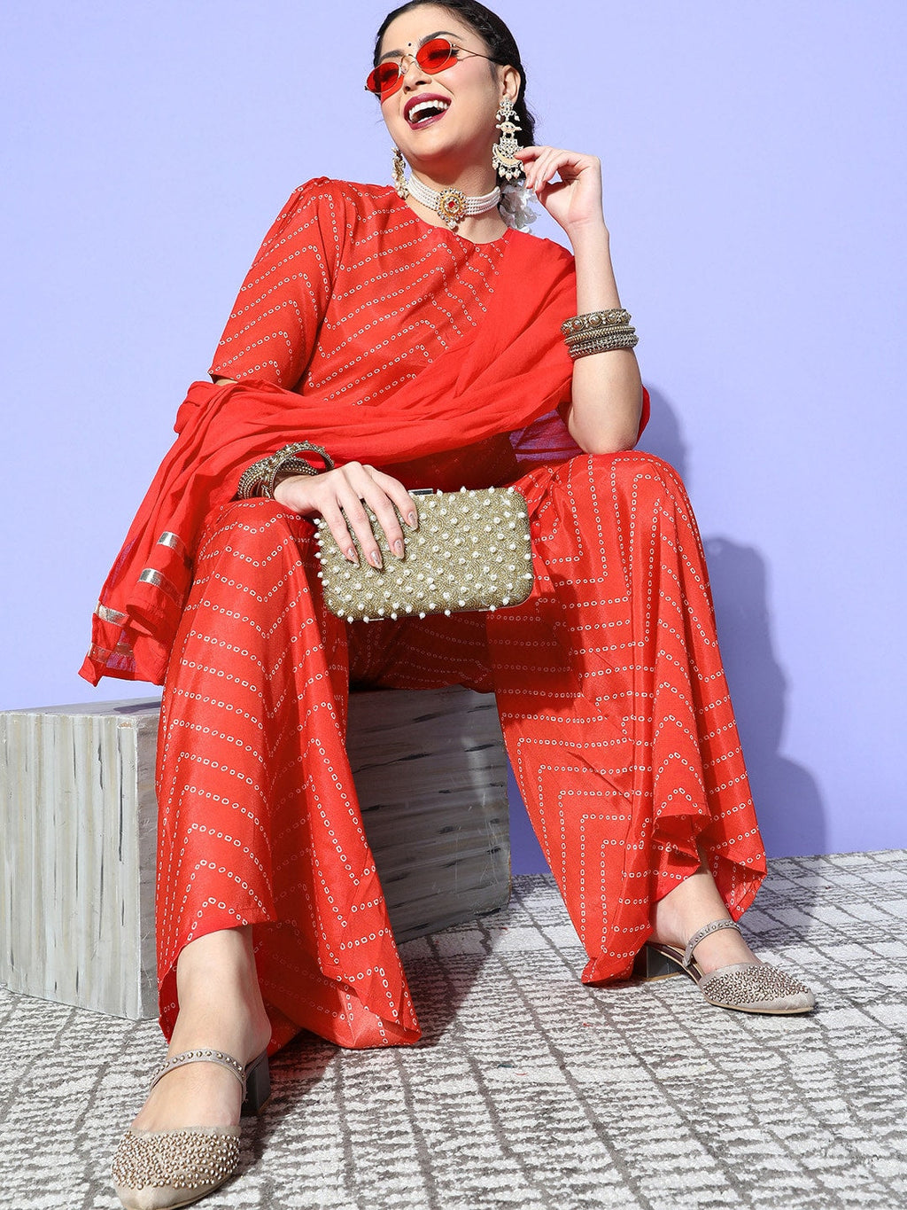 HERE&NOW Women Bandhani Polyester Fusion Bottom Kurta Set | Grocsy