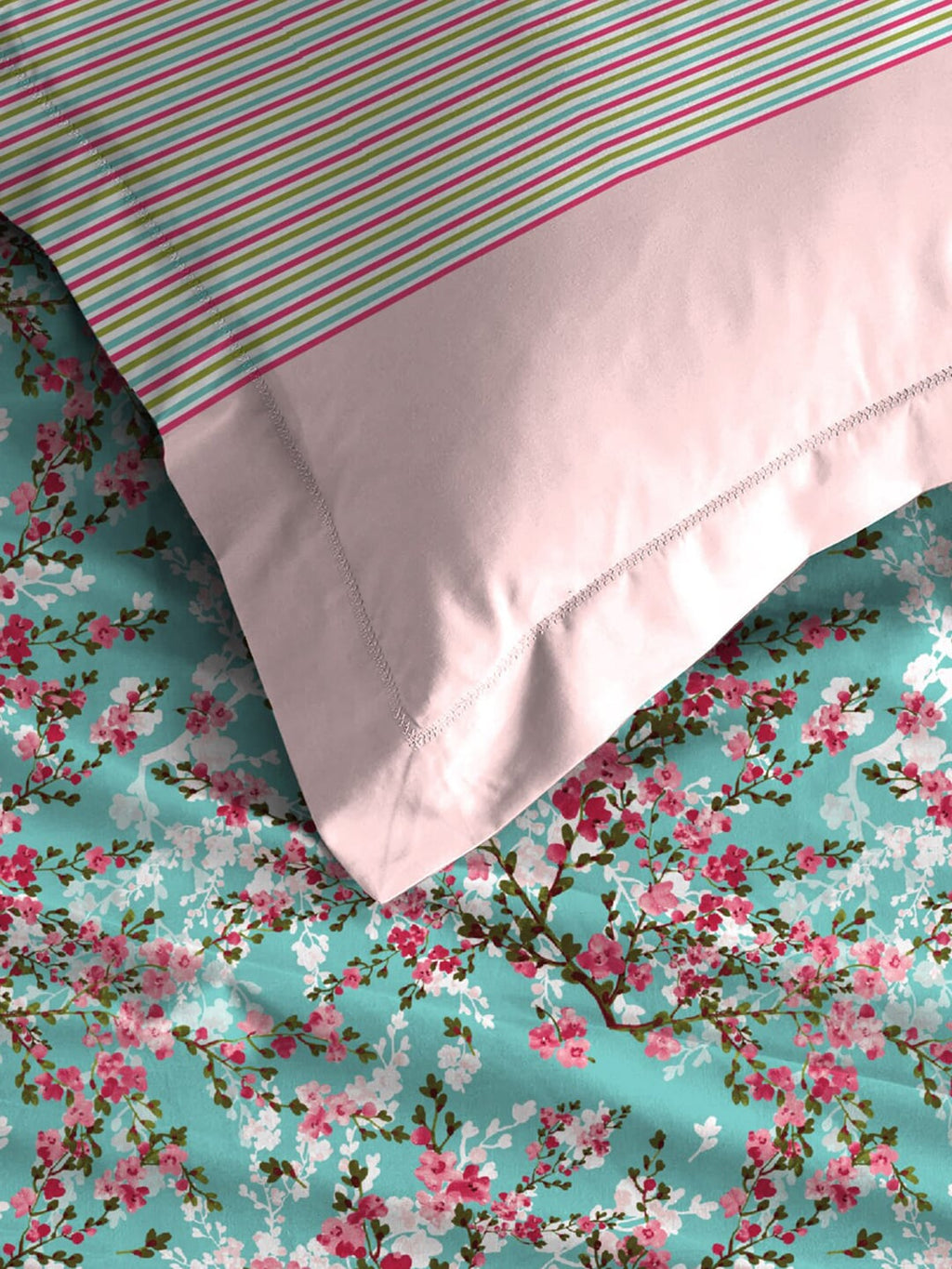 MYTRIDENT Turquoise Blue Pink Floral Pure Cotton 144 TC Queen Bedsheet 2 Pillow Covers | Grocsy