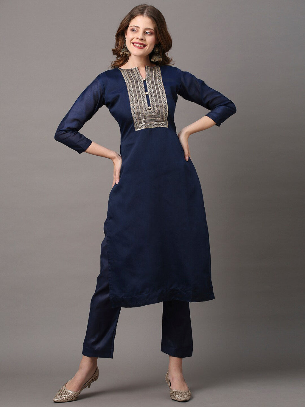 Saree Mall Navy Blue & Gold-Toned Embroidered Unstitched Dress Material | Grocsy