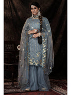 Myra Grey Net Embroidered Sharara Suit | Grocsy