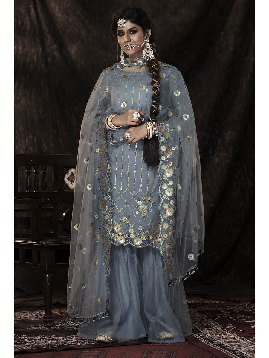 Myra Grey Net Embroidered Sharara Suit | Grocsy