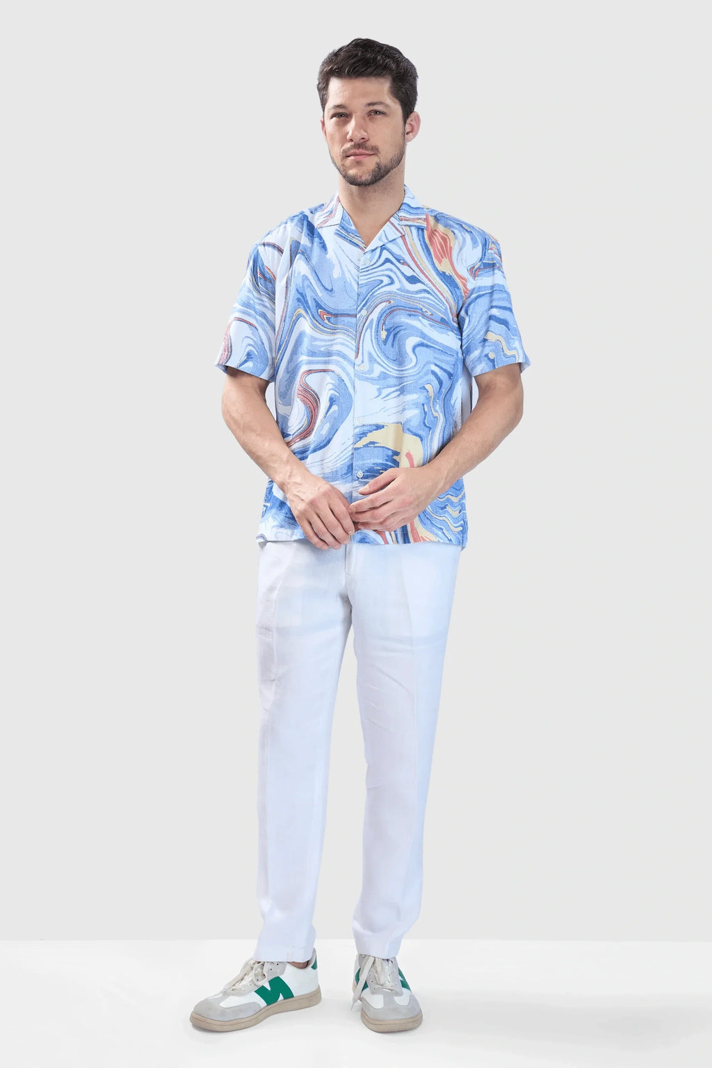 Xkind Blue Fine Cord Drop Shoulder Printed Relaxed Fit Shirt | Grocsy