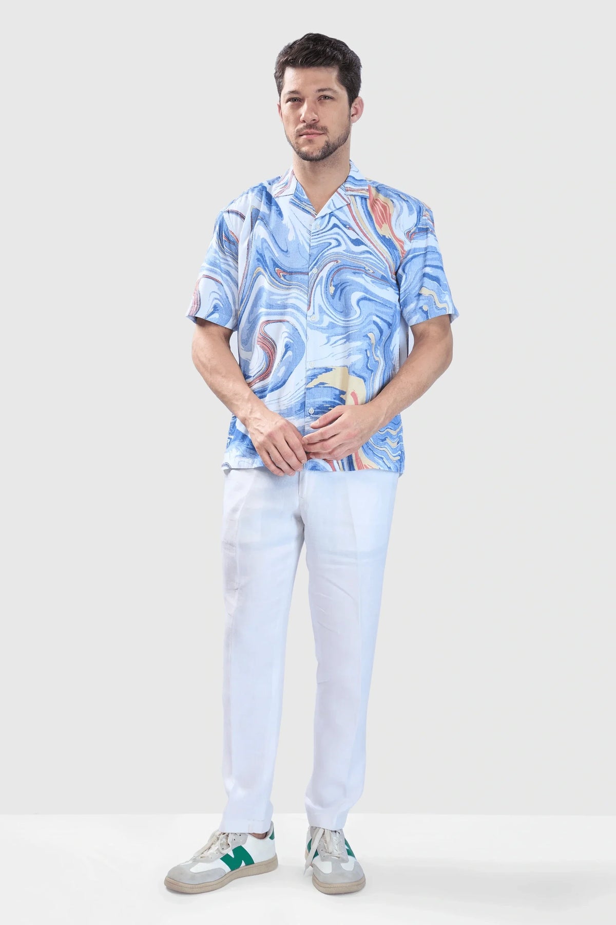 Xkind Blue Fine Cord Drop Shoulder Printed Relaxed Fit Shirt | Grocsy