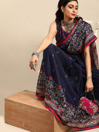 Saree Mall Navy Blue & Red Floral Jute Silk Block Print Sarees | Grocsy