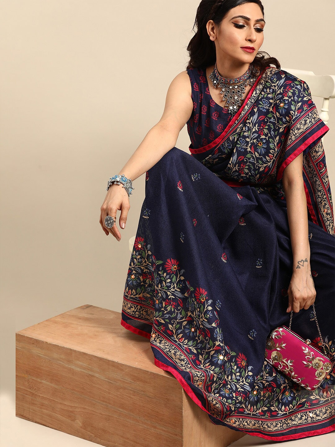 Saree Mall Navy Blue & Red Floral Jute Silk Block Print Sarees | Grocsy
