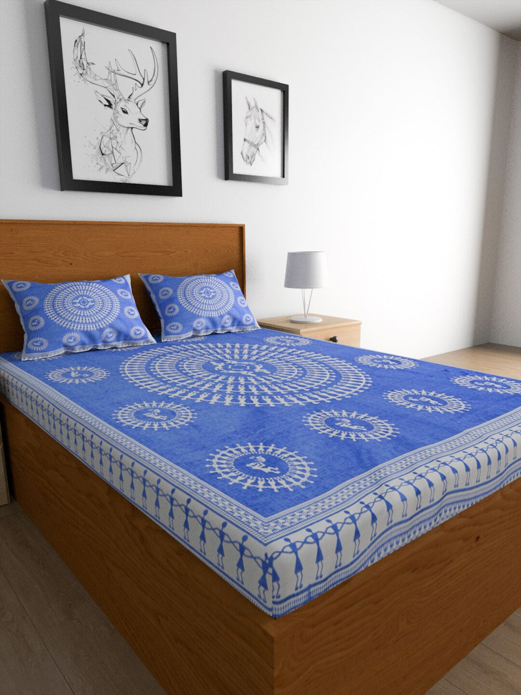 Urban Magic Blue Ethnic Motifs Printed Cotton 104 TC Queen Bedsheet With 2 Pillow Covers | Grocsy