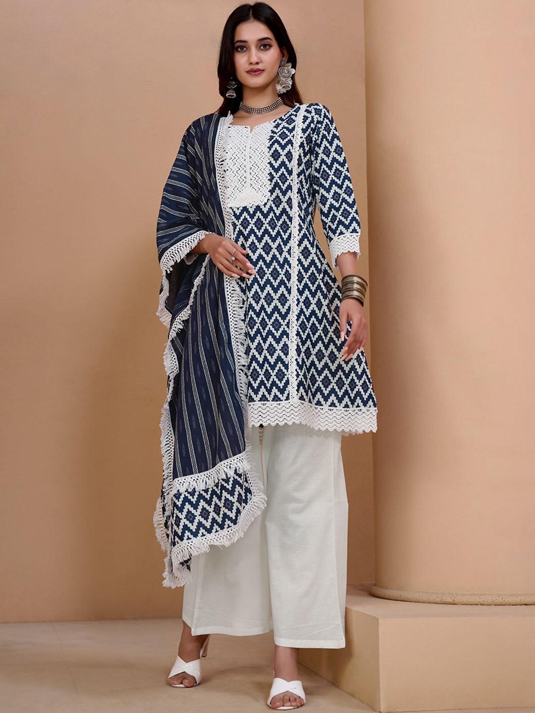 Sangria Navy Blue & White Geometric Printed Pure Cotton Kurta With Palazzos & Dupatta | Grocsy