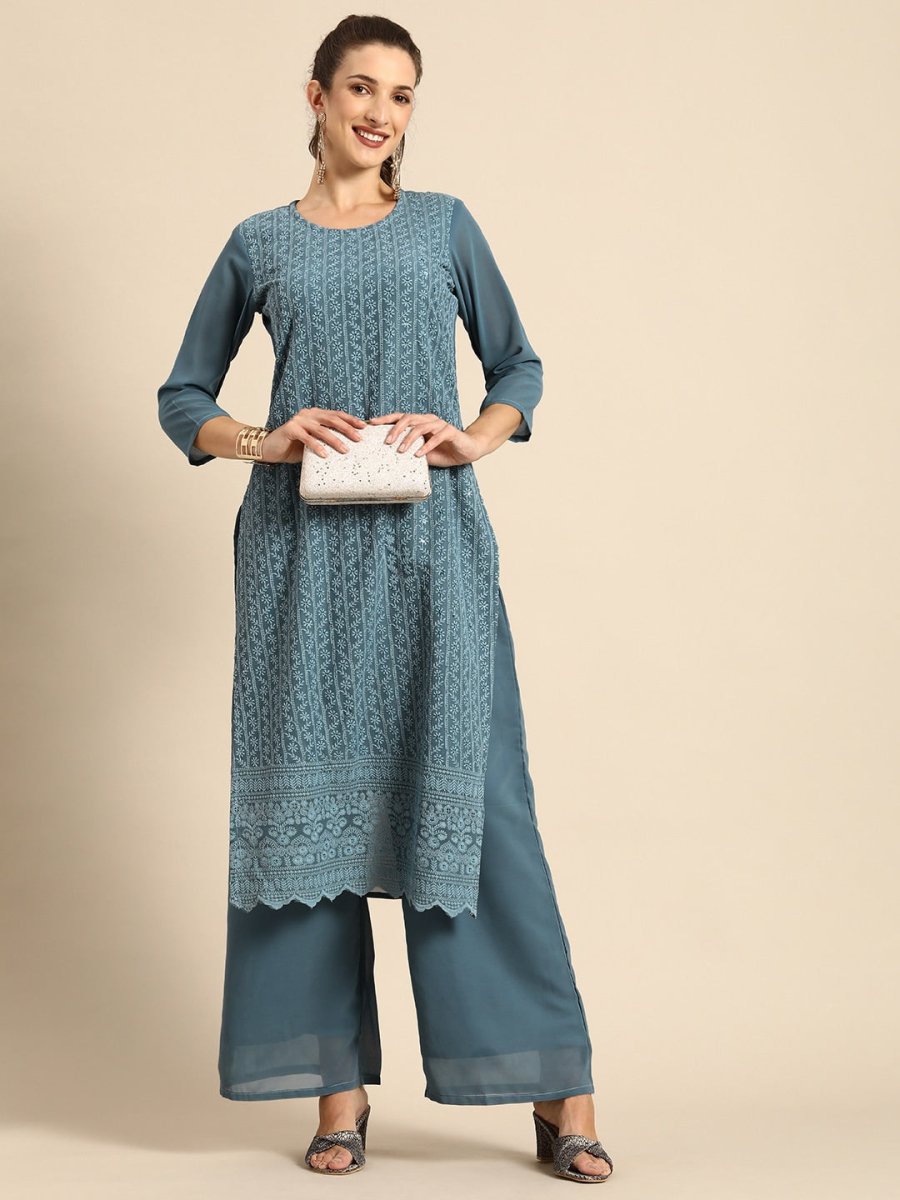 All About You Women Grey Ethnic Motifs Embroidered Regular Chikankari Kurta with Palazzos | Grocsy
