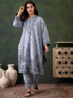 Sangria Winter Woolen Ethnic Motifs Woven Design Kurta With Trousers & Dupatta | Grocsy