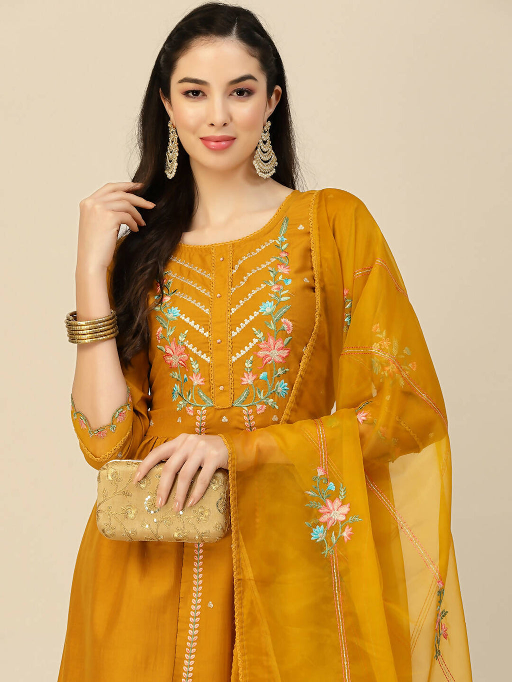 Mustard Embroidered Chinon Straight Kurta With Trouser & Dupatta - Salimar | Grocsy