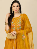Mustard Embroidered Chinon Straight Kurta With Trouser & Dupatta - Salimar | Grocsy