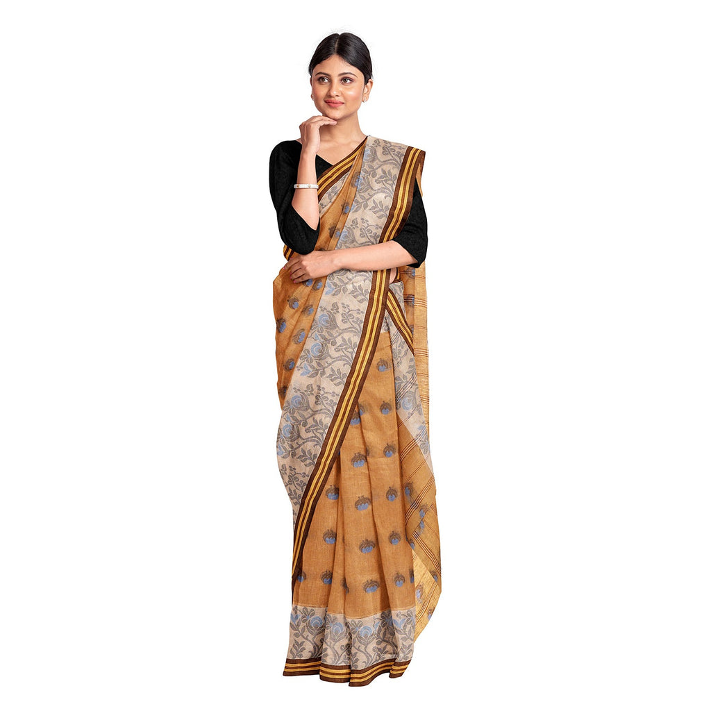 Exclusive Collection 100% Pure Cotton Biege Tant Saree With Hand Weaving Work | Grocsy