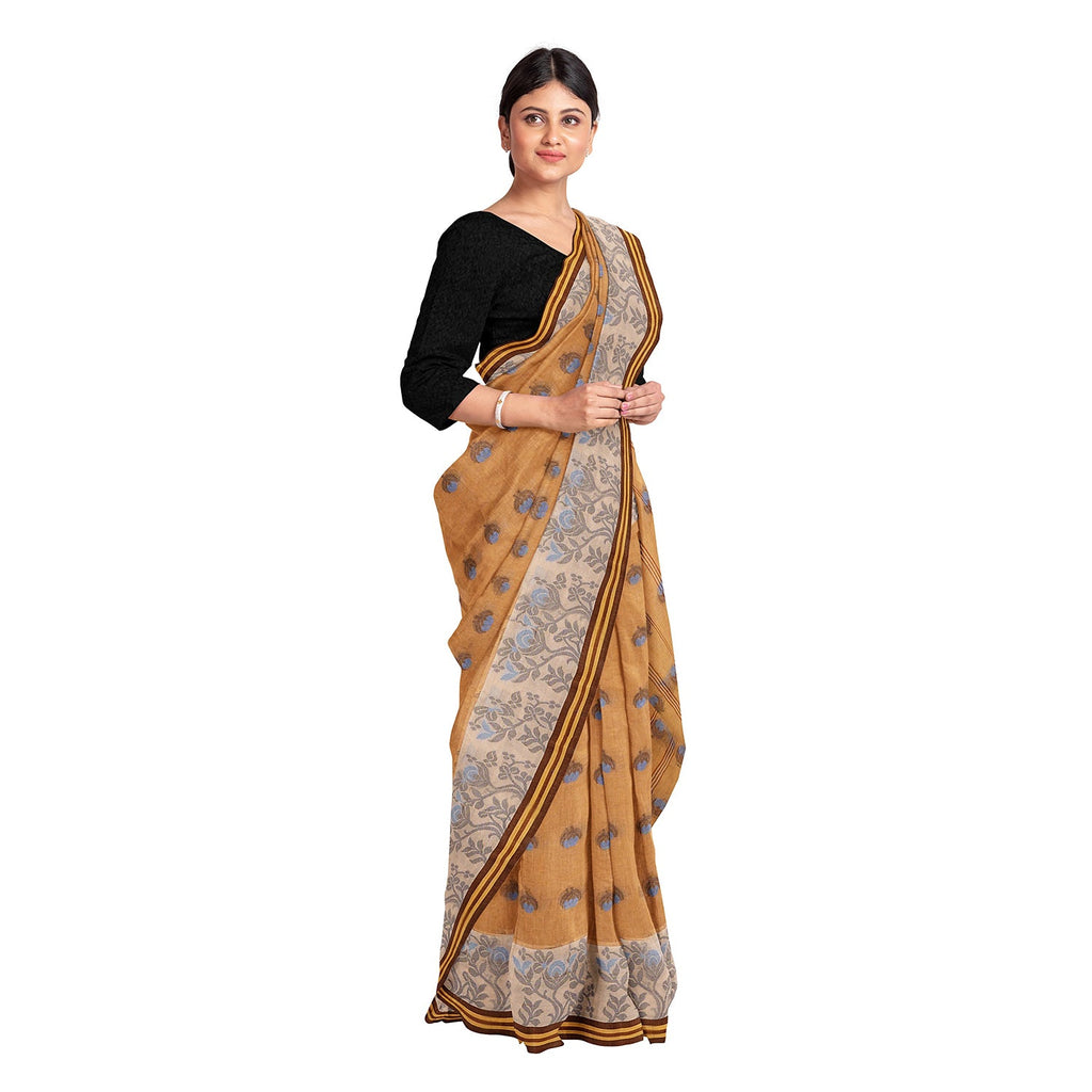 Exclusive Collection 100% Pure Cotton Biege Tant Saree With Hand Weaving Work | Grocsy
