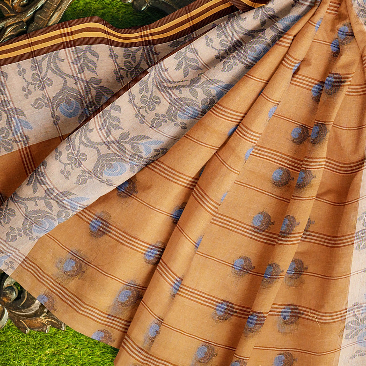 Exclusive Collection 100% Pure Cotton Biege Tant Saree With Hand Weaving Work | Grocsy