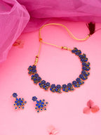 Tehzeeb Creations Luxurious Gold Polished Blue Colour Diamond Choker Necklace Set With Matching Earrings | Grocsy
