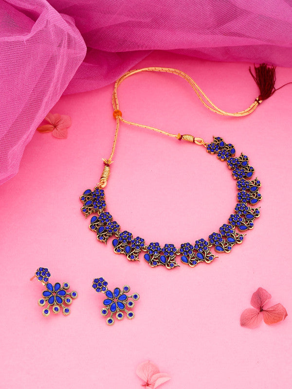 Tehzeeb Creations Luxurious Gold Polished Blue Colour Diamond Choker Necklace Set With Matching Earrings | Grocsy