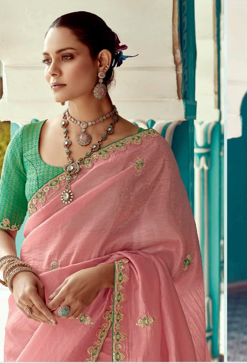 Anaita Pink Embroidery Work Saree With Jacquard Work Blouse Piece | Grocsy