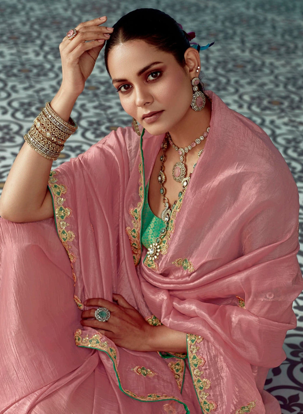 Anaita Pink Embroidery Work Saree With Jacquard Work Blouse Piece | Grocsy