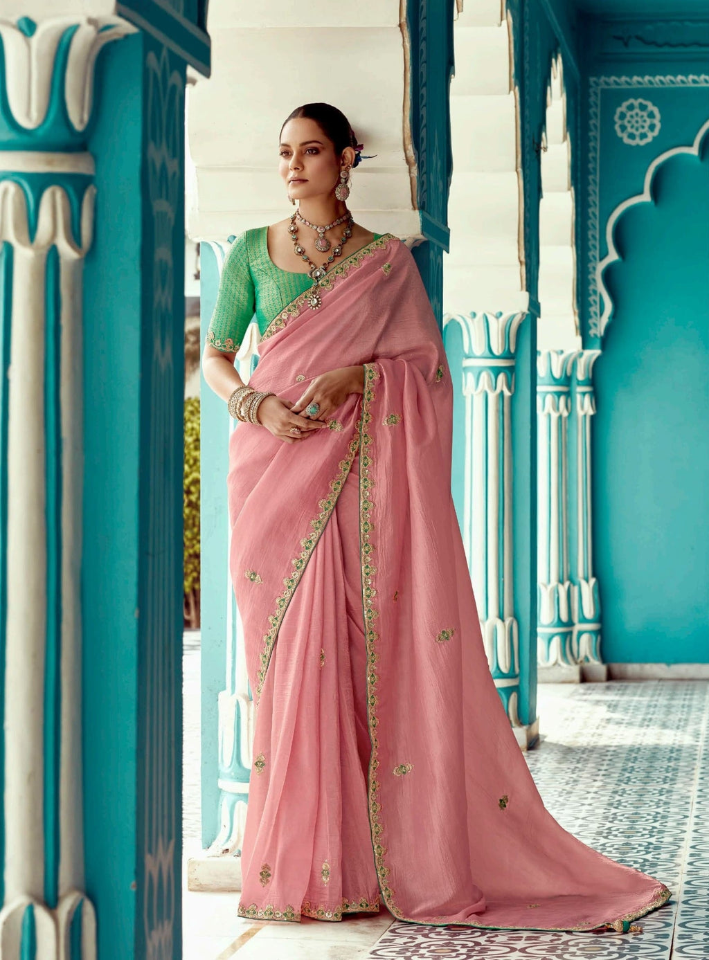 Anaita Pink Embroidery Work Saree With Jacquard Work Blouse Piece | Grocsy