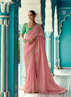 Anaita Pink Embroidery Work Saree With Jacquard Work Blouse Piece | Grocsy