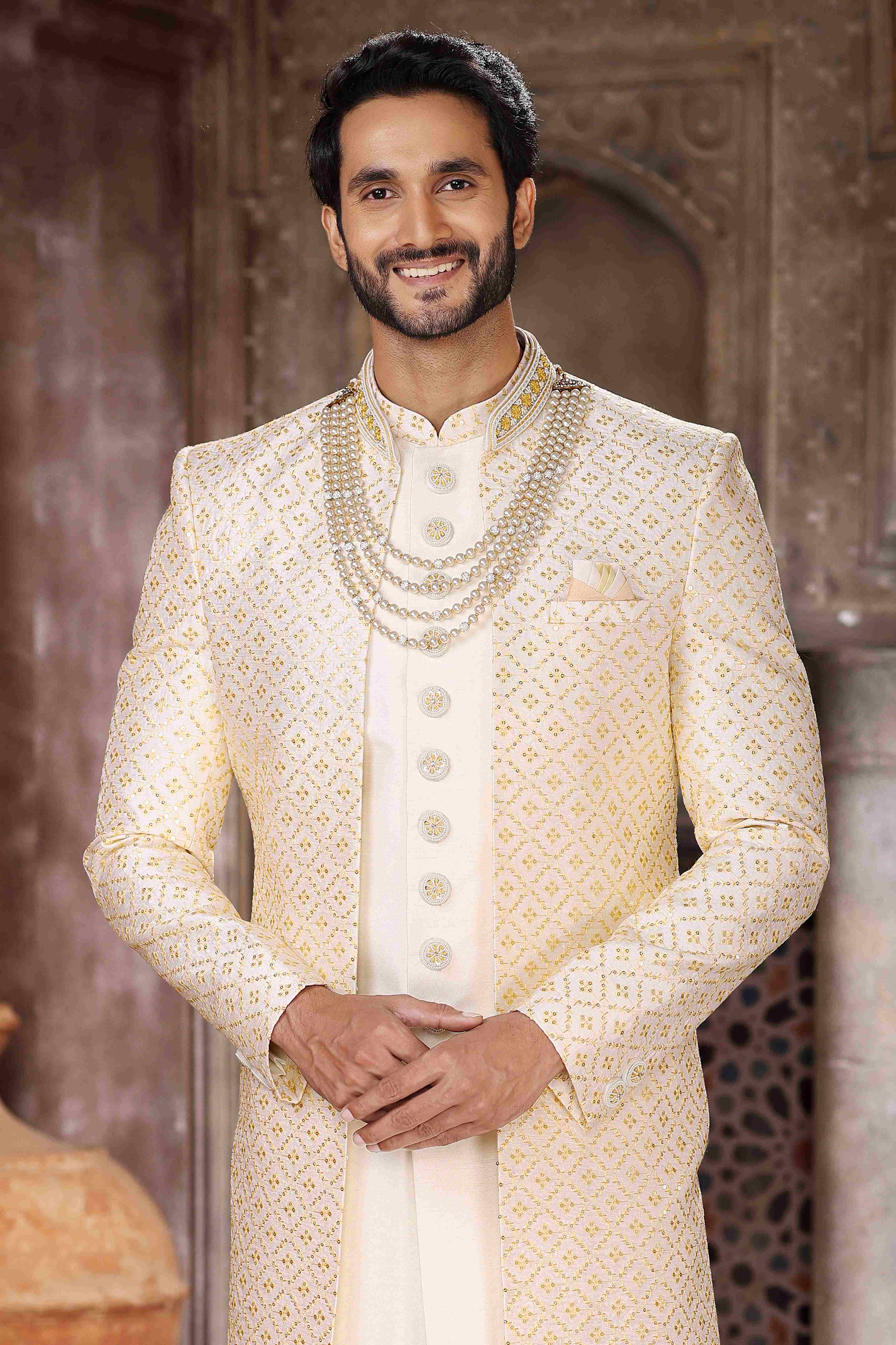 Raivat Ethnic Art Silk Embroidery Work 3 Pcs Indo Jacket Set In Cream Colour | Grocsy