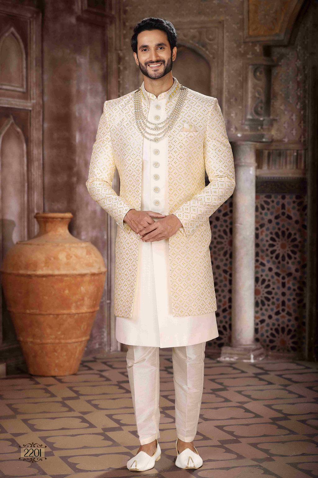 Raivat Ethnic Art Silk Embroidery Work 3 Pcs Indo Jacket Set In Cream Colour | Grocsy