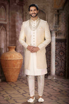 Raivat Ethnic Art Silk Embroidery Work 3 Pcs Indo Jacket Set In Cream Colour | Grocsy