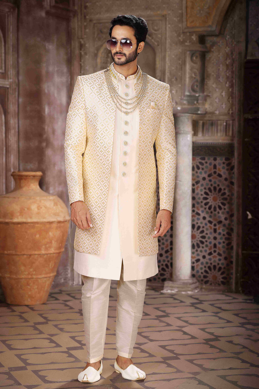 Raivat Ethnic Art Silk Embroidery Work 3 Pcs Indo Jacket Set In Cream Colour | Grocsy