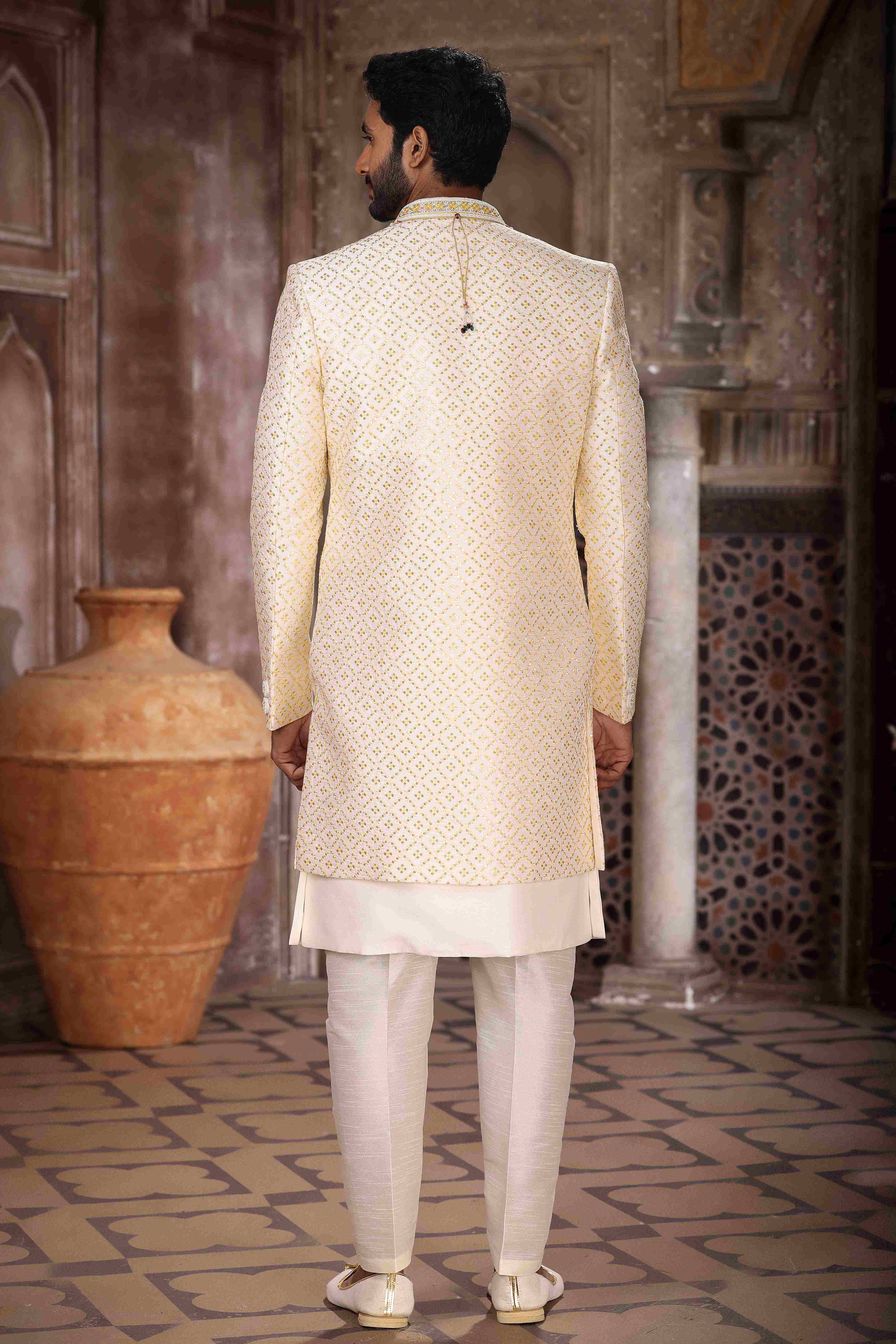 Raivat Ethnic Art Silk Embroidery Work 3 Pcs Indo Jacket Set In Cream Colour | Grocsy