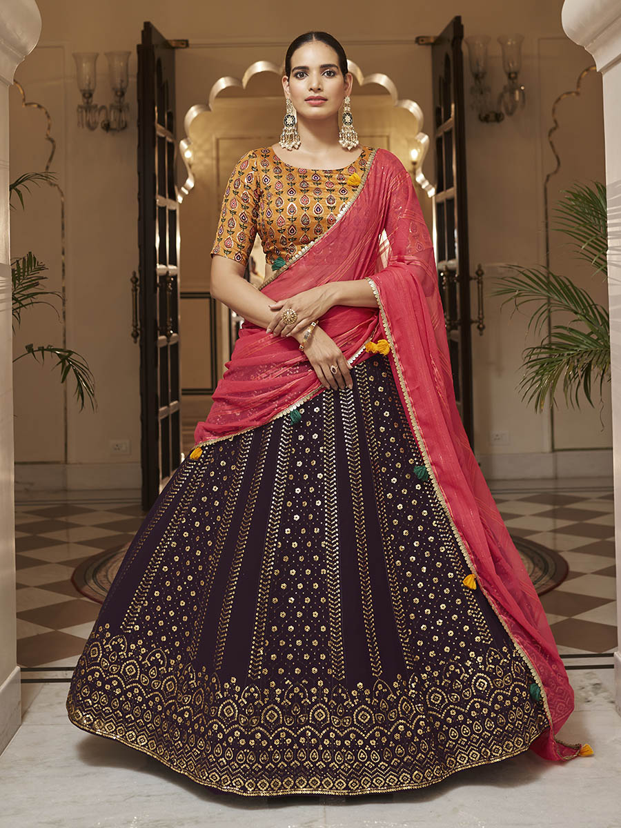Myra Purple and Mustard Yellow Georgette Designer Lehenga Choli | Grocsy