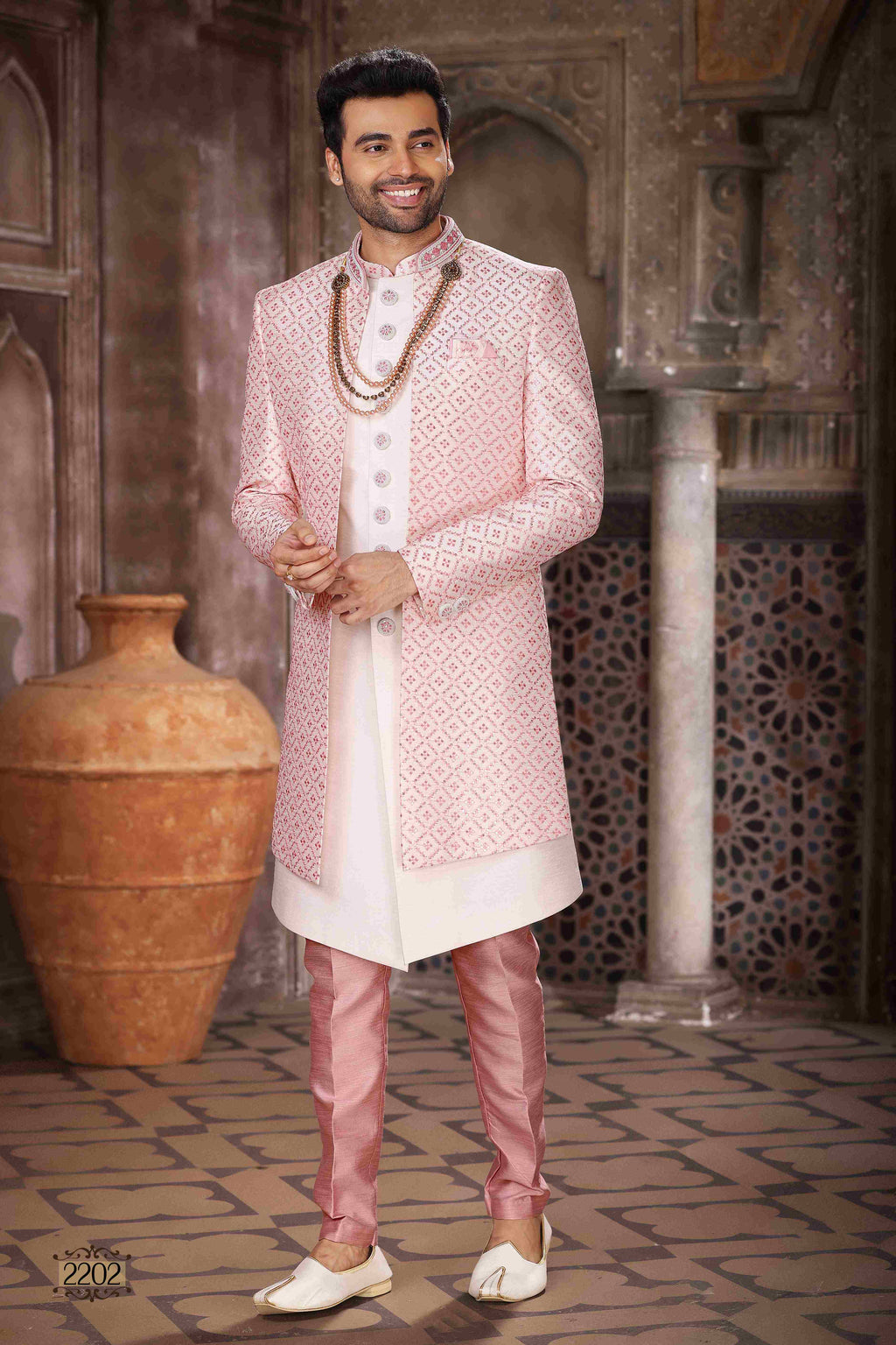 Raivat Ethnic Art Silk Embroidery Work 3 Pcs Indo Jacket Set In Cream Colour | Grocsy