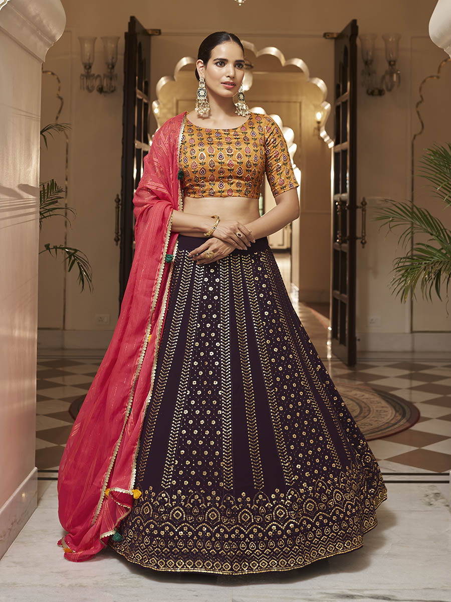 Myra Purple and Mustard Yellow Georgette Designer Lehenga Choli | Grocsy