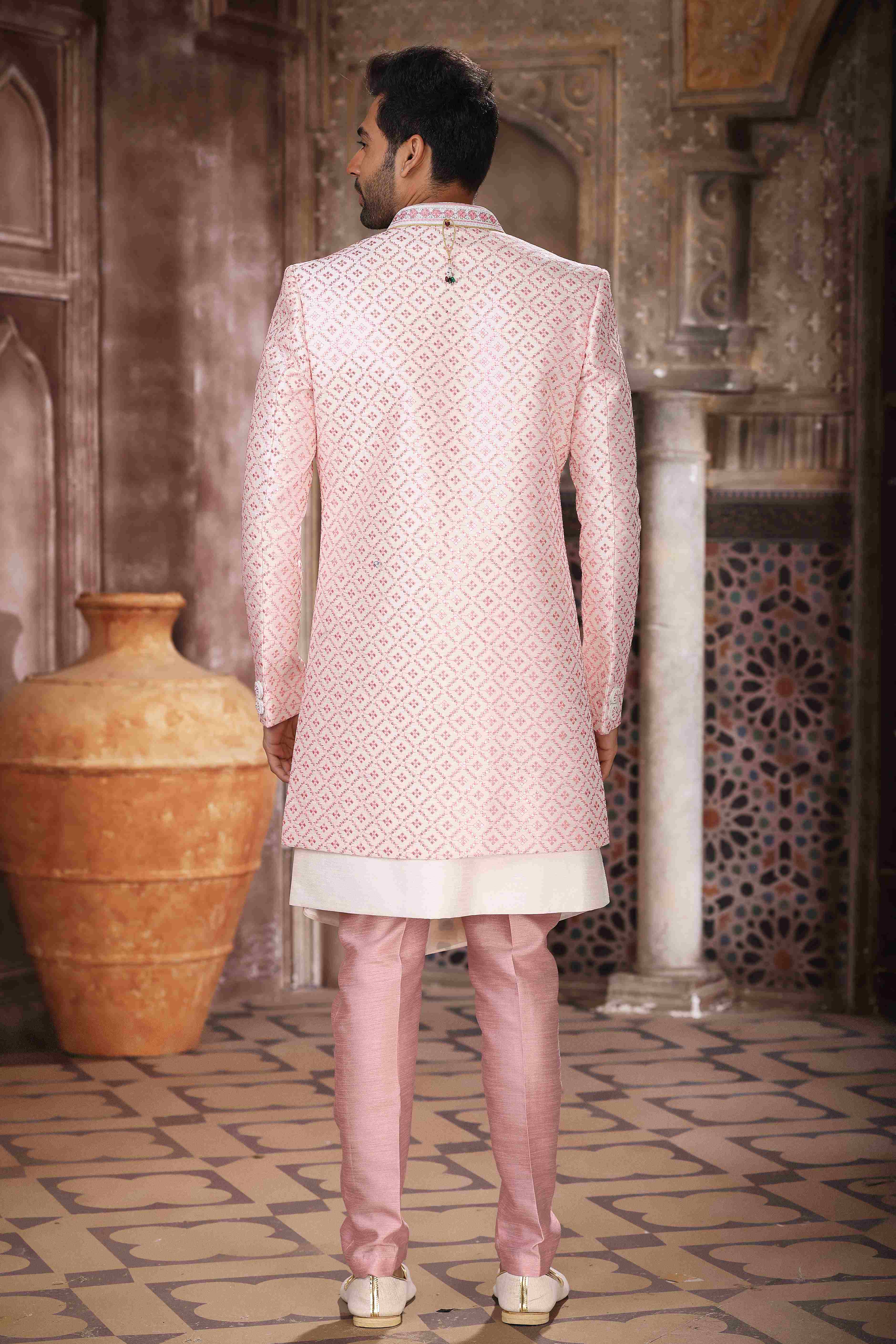Raivat Ethnic Art Silk Embroidery Work 3 Pcs Indo Jacket Set In Cream Colour | Grocsy