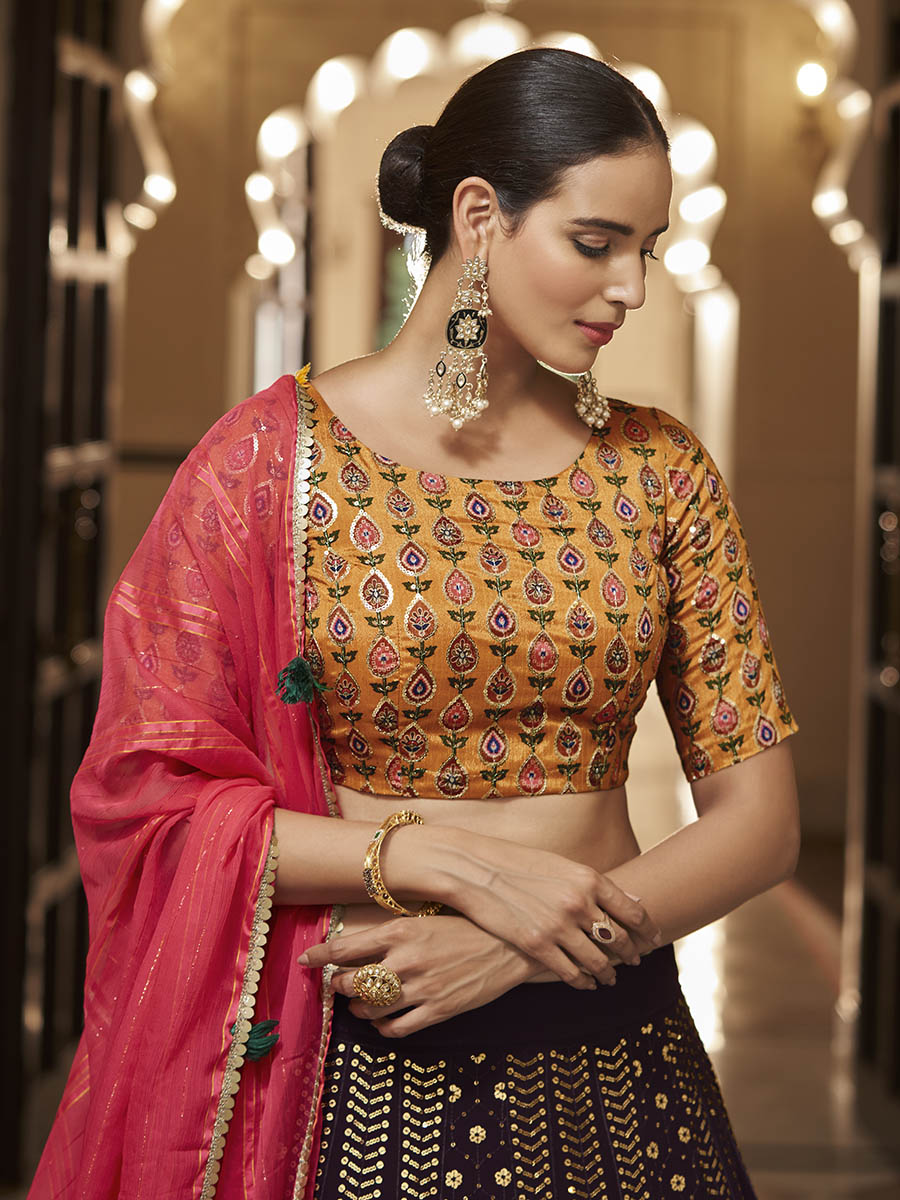 Myra Purple and Mustard Yellow Georgette Designer Lehenga Choli | Grocsy